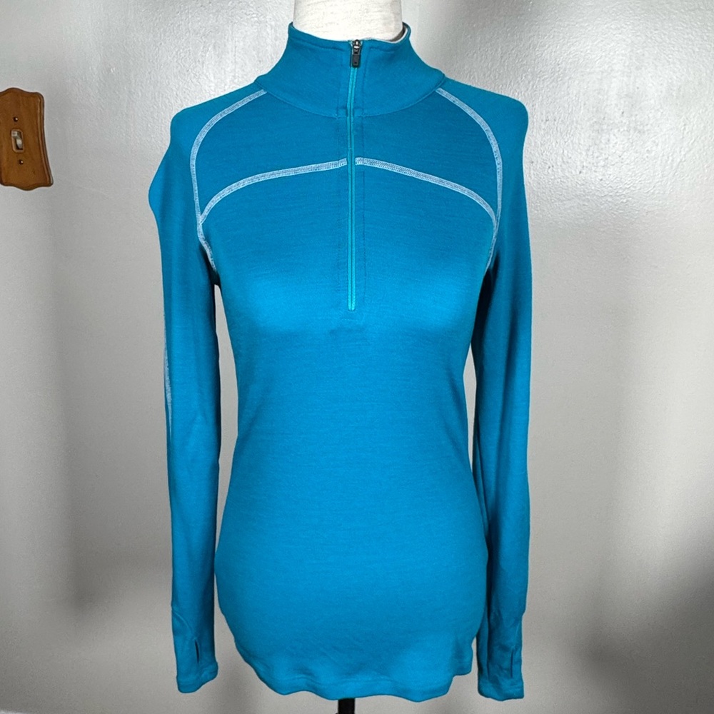 Ibex Size Small Aqua Blue 100% Merino Wool 1/4 Zip Long Sleeve Pullover Sweater